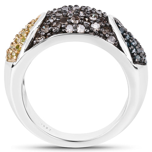 0.95 Carat Genuine Blue Diamond, Champagne Diamond & Yellow Diamond .925 Sterling Silver Ring