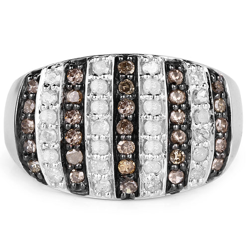 0.83 Carat Genuine Champagne Diamond and White Diamond .925 Sterling Silver Ring