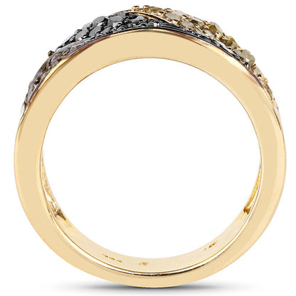 14K Yellow Gold Plated 1.25 Carat Genuine Black Diamond, Champagne Diamond & Yellow Diamond .925 Sterling Silver Ring
