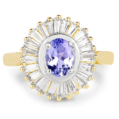 14K Yellow Gold Plated 2.16 Carat Genuine Tanzanite & White Topaz .925 Sterling Silver Ring