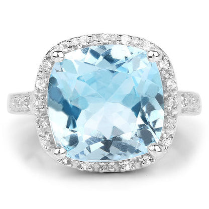 7.18 Carat Genuine Blue Topaz and White Topaz .925 Sterling Silver Ring
