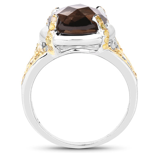 3.28 Carat Genuine Smoky Quartz and Yellow Diamond .925 Sterling Silver Ring