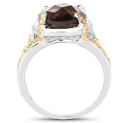 3.28 Carat Genuine Smoky Quartz and Yellow Diamond .925 Sterling Silver Ring
