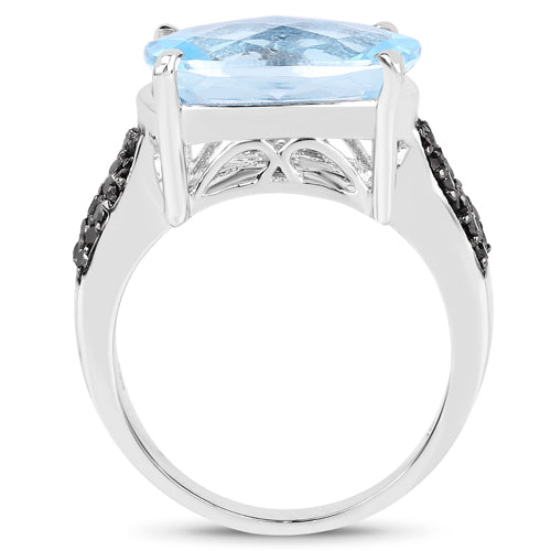 3.96 Carat Genuine Baby Swiss Blue Topaz and Black Diamond .925 Sterling Silver Ring