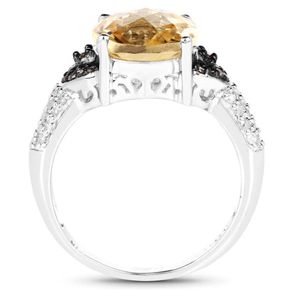 4.65 Carat Genuine Citrine, Champagne Diamond & White Diamond .925 Sterling Silver Ring