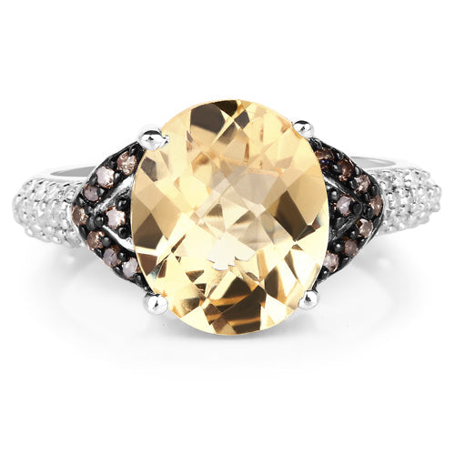 4.65 Carat Genuine Citrine, Champagne Diamond & White Diamond .925 Sterling Silver Ring