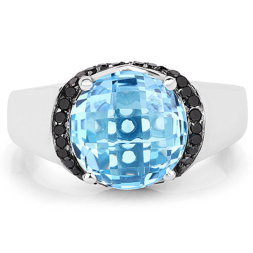4.94 Carat Genuine Baby Swiss Blue Topaz and Black Diamond .925 Sterling Silver Ring