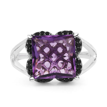 4.58 Carat Genuine Amethyst & Black Diamond .925 Sterling Silver Ring