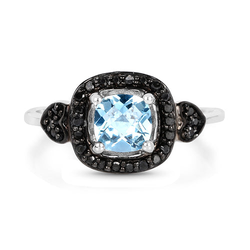 1.19 Carat Genuine Swiss Blue Topaz & Black Diamond .925 Sterling Silver Ring