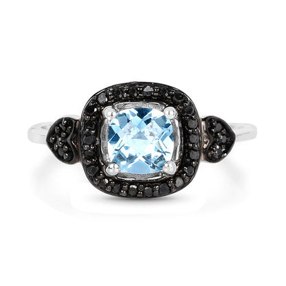 1.19 Carat Genuine Swiss Blue Topaz & Black Diamond .925 Sterling Silver Ring