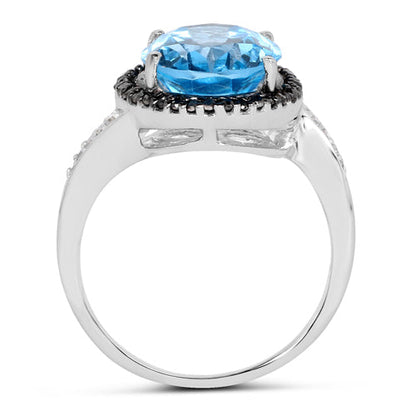 5.48 Carat Genuine Swiss Blue Topaz, Black Diamond and White Diamond .925 Sterling Silver Ring