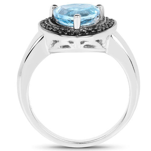 2.06 Carat Genuine Baby Swiss Blue Topaz and Black Diamond .925 Sterling Silver Ring