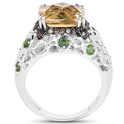4.13 Carat Genuine Citrine, Chrome Diopside & Champagne Diamond .925 Sterling Silver Ring