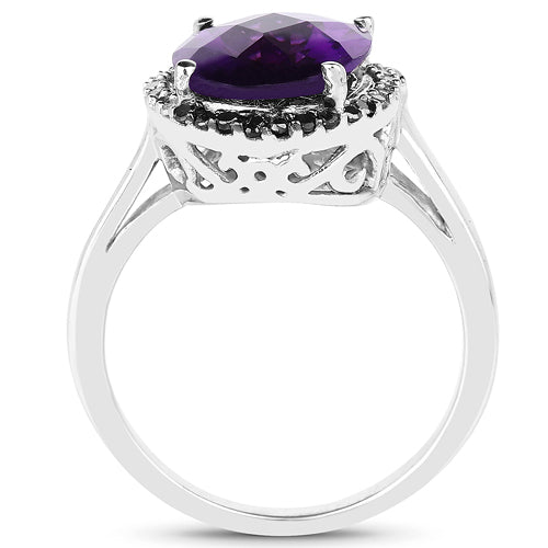 4.52 Carat Genuine Amethyst, Black Diamond & White Diamond .925 Sterling Silver Ring