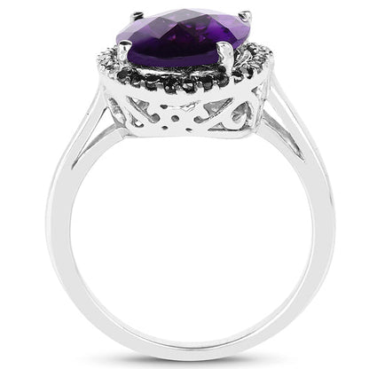 4.52 Carat Genuine Amethyst, Black Diamond & White Diamond .925 Sterling Silver Ring