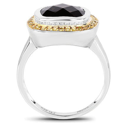 3.67 Carat Genuine Smoky Quartz and Yellow Diamond .925 Sterling Silver Ring