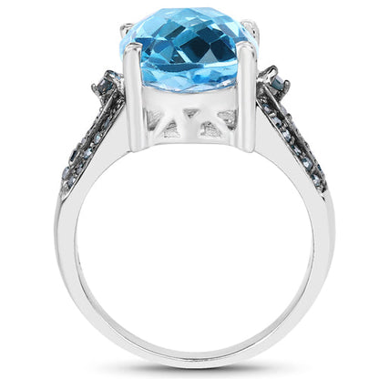 5.51 Carat Genuine Baby Swiss Blue Topaz and Blue Diamond .925 Sterling Silver Ring