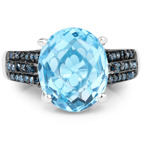 5.51 Carat Genuine Baby Swiss Blue Topaz and Blue Diamond .925 Sterling Silver Ring