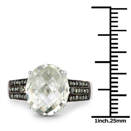 4.41 Carat Genuine Green Amethyst and Green Diamond .925 Sterling Silver Ring