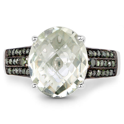 4.41 Carat Genuine Green Amethyst and Green Diamond .925 Sterling Silver Ring
