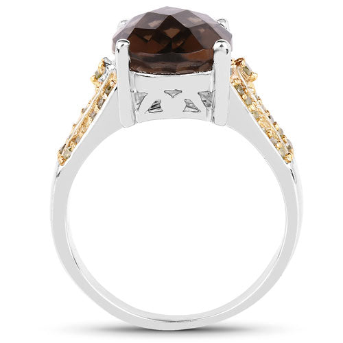 4.87 Carat Genuine Smoky Quartz and Yellow Diamond .925 Sterling Silver Ring