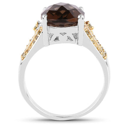 4.87 Carat Genuine Smoky Quartz and Yellow Diamond .925 Sterling Silver Ring