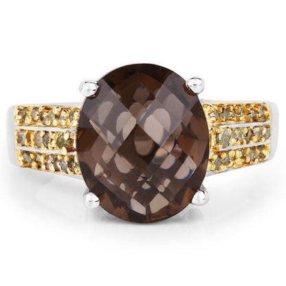 4.87 Carat Genuine Smoky Quartz and Yellow Diamond .925 Sterling Silver Ring
