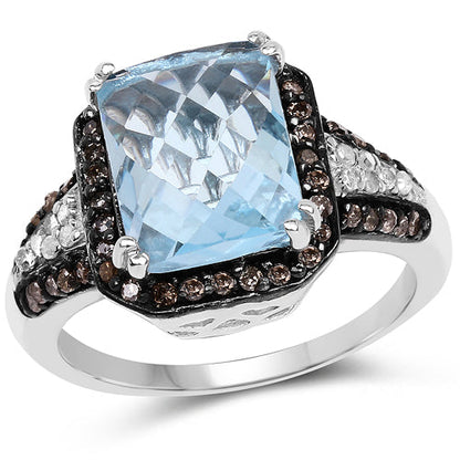4.33 Carat Genuine Swiss Blue Topaz, Champagne Diamond & White Diamond .925 Sterling Silver Ring