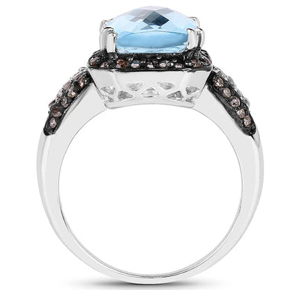 4.33 Carat Genuine Swiss Blue Topaz, Champagne Diamond & White Diamond .925 Sterling Silver Ring