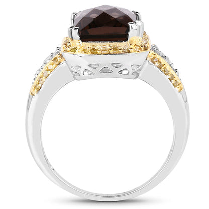 3.48 Carat Genuine Smoky Quartz, Yellow Diamond and White Diamond .925 Sterling Silver Ring