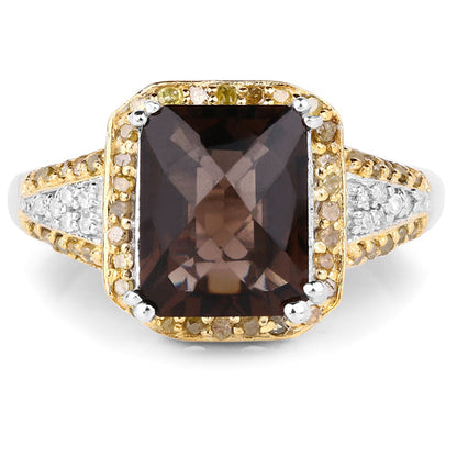 3.48 Carat Genuine Smoky Quartz, Yellow Diamond and White Diamond .925 Sterling Silver Ring