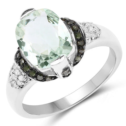 2.92 Carat Genuine Green Amethyst, Green Diamond & White Diamond .925 Sterling Silver Ring