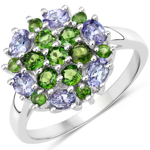2.03 Carat Genuine Tanzanite and Chrome Diopside .925 Sterling Silver Ring