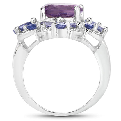 4.88 Carat Genuine Amethyst and Tanzanite .925 Sterling Silver Ring