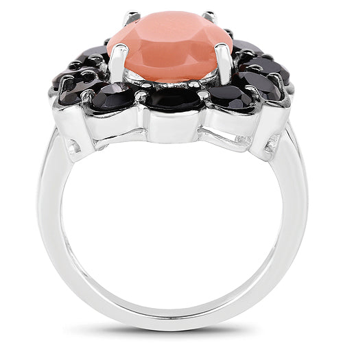 7.88 Carat Genuine Peach Moonstone and Black Spinel .925 Sterling Silver Ring