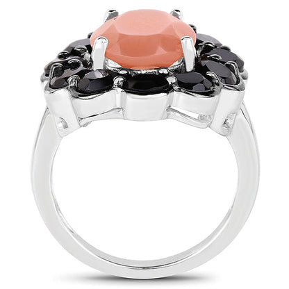 7.88 Carat Genuine Peach Moonstone and Black Spinel .925 Sterling Silver Ring