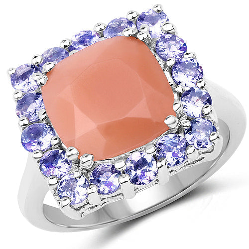 6.70 Carat Genuine Peach Moonstone and Tanzanite .925 Sterling Silver Ring
