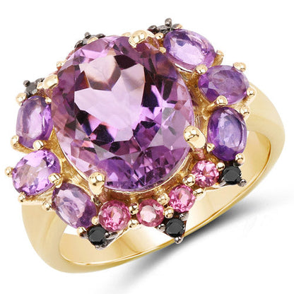 14K Yellow Gold Plated 5.25 Carat Genuine Amethyst, Rhodolite and Blue Diamond .925 Sterling Silver Ring