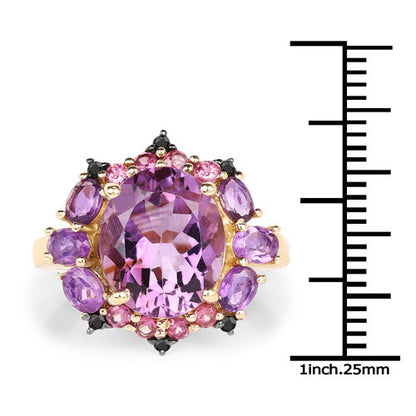 14K Yellow Gold Plated 5.25 Carat Genuine Amethyst, Rhodolite and Blue Diamond .925 Sterling Silver Ring