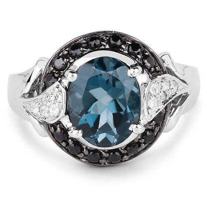 4.27 Carat Genuine London Blue Topaz, Black Spinel & White Topaz .925 Sterling Silver Ring