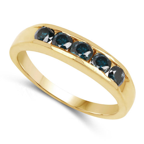 14K Yellow Gold Plated 0.80 Carat Genuine Blue Diamond .925 Sterling Silver Ring