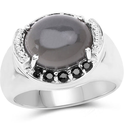 5.68 Carat Genuine Grey Moonstone & Black Spinel .925 Sterling Silver Ring
