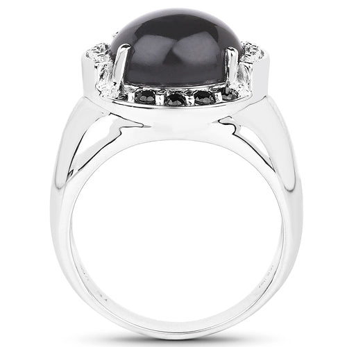 5.68 Carat Genuine Grey Moonstone & Black Spinel .925 Sterling Silver Ring
