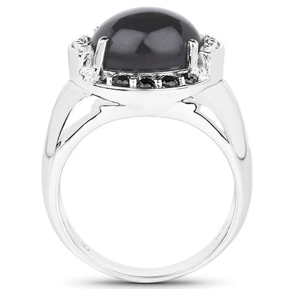 5.68 Carat Genuine Grey Moonstone & Black Spinel .925 Sterling Silver Ring