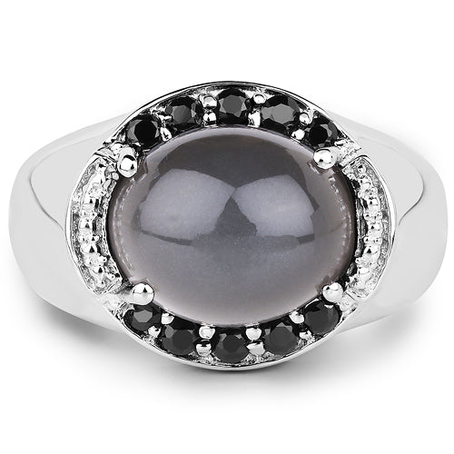 5.68 Carat Genuine Grey Moonstone & Black Spinel .925 Sterling Silver Ring