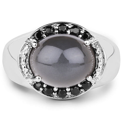 5.68 Carat Genuine Grey Moonstone & Black Spinel .925 Sterling Silver Ring