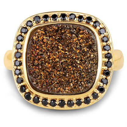 14K Yellow Gold Plated 6.19 Carat Genuine Drusy Quartz and Black Spinel .925 Sterling Silver Ring