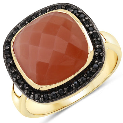 6.74 Carat Genuine Peach Moonstone and Black Spinel .925 Sterling Silver Ring