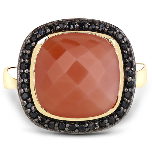 6.74 Carat Genuine Peach Moonstone and Black Spinel .925 Sterling Silver Ring