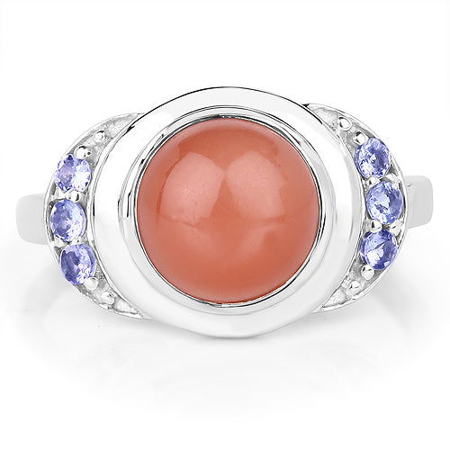 3.01 Carat Genuine Peach Moonstone and Tanzanite .925 Sterling Silver Ring